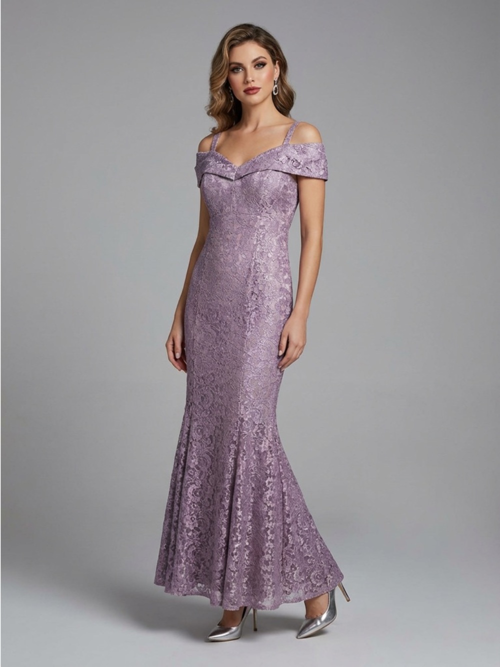 R&M Richards Lavender Lace Off-Shoulder Gown – Formal Maxi Dress